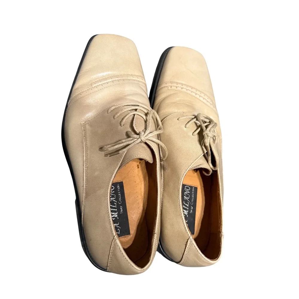 La Milano Genuine Leather Lace Up Shoes Cream‎ Off White Men Size 8.5 Cap Toe